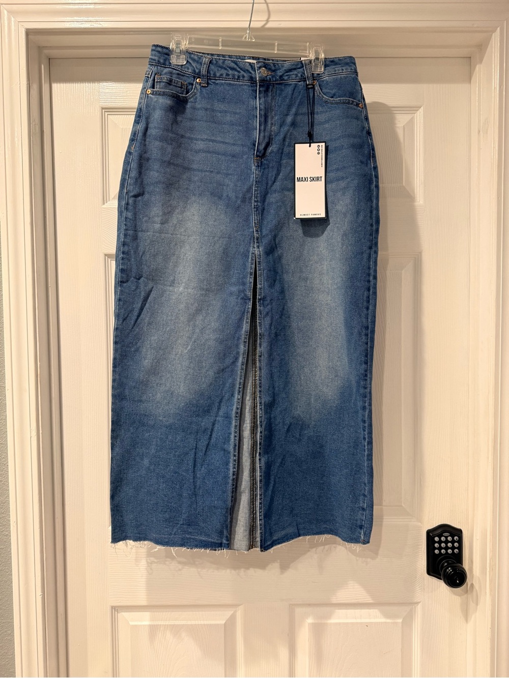 Almost Famous Medium Blue Denim Maxi Skirt with Front Slit